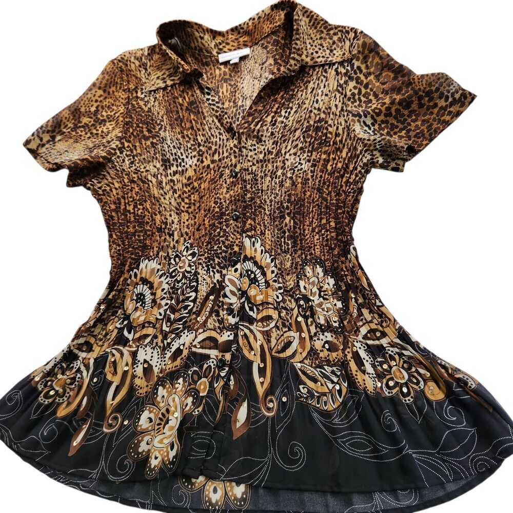 Fashion Bug Top Size XL Pleated Animal Print Short Sleeve Sheer Top